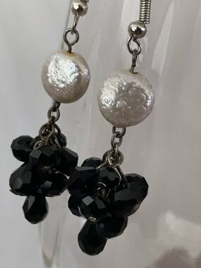 Faux Pearl and Black Bead Cluster Drop Earrings